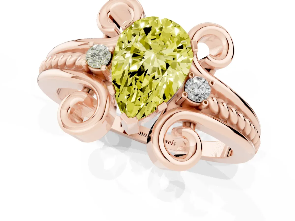 Fancy Yellow Pear Cut Solitaire Twisted Band Scroll Prong Ring Rose gold