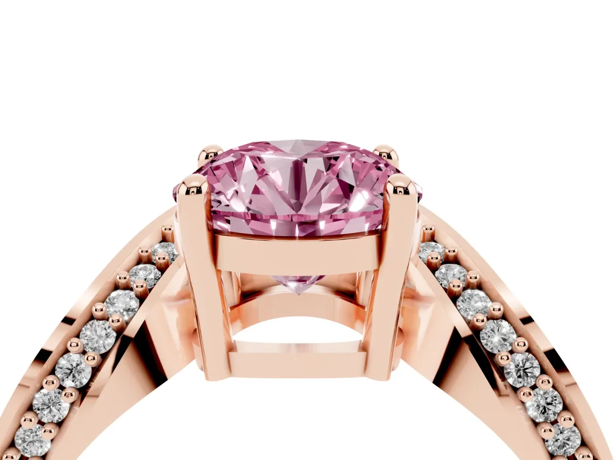 Fancy Pink Round Cut Solitaire Diamond Engagement Ring with Pave Band and Four-Prong Setting Rose gold