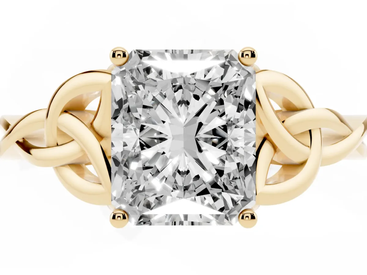 Radiant Cut Diamond Solitaire Engagement Ring with Celtic Knot Band and Four-Prong Setting Yellow gold