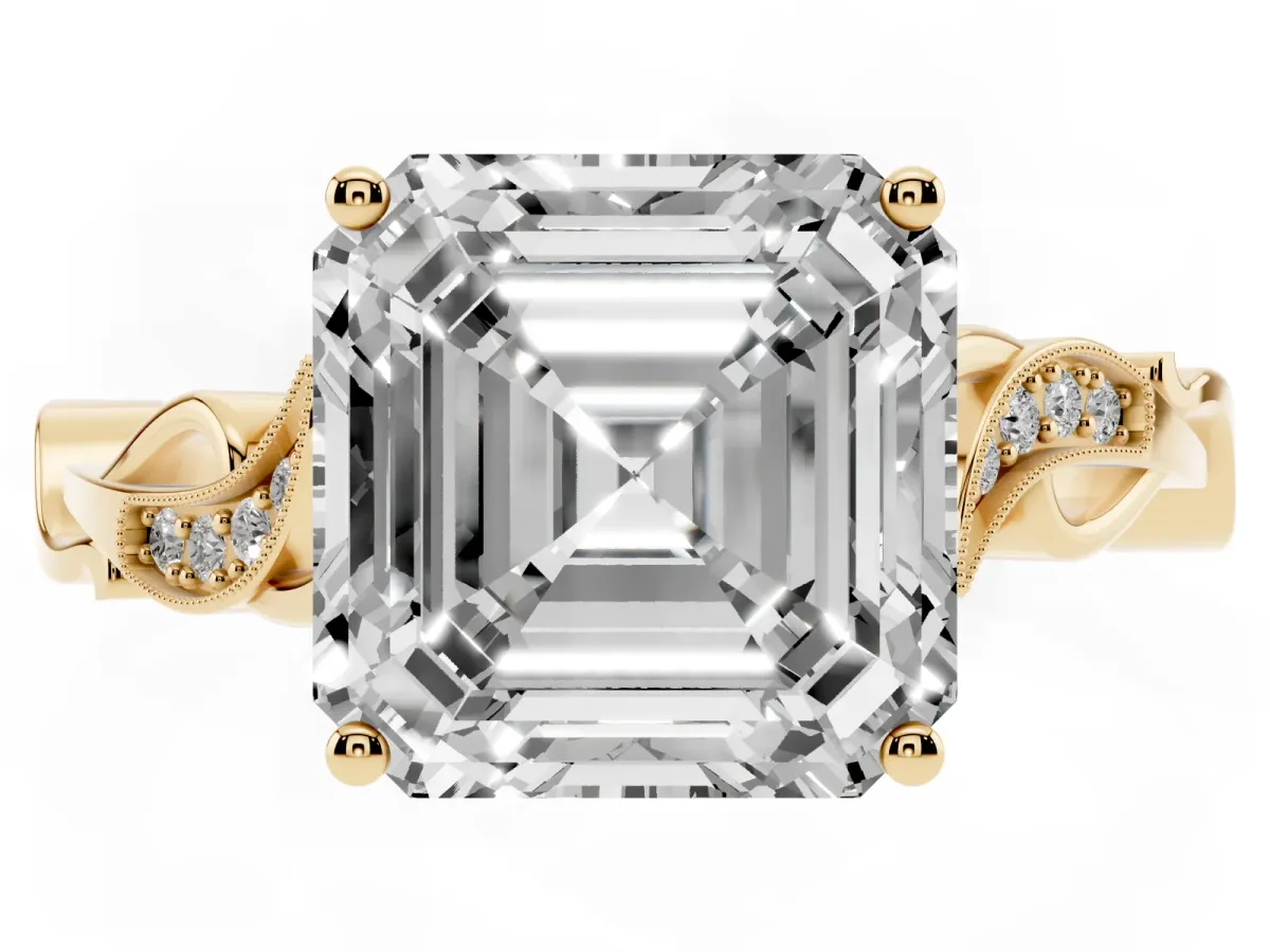 Asscher Cut Solitaire Vine Band with Milgrain Prong Setting Yellow gold