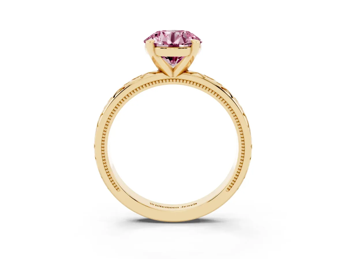 Fancy Pink Round Cut Solitaire Engagement Ring with Scrollwork Band and Four-Prong Setting Yellow gold