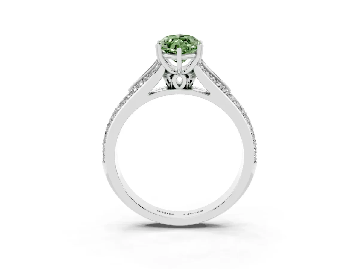 Fancy Green Marquise Cut Diamond Split Shank Engagement Ring with Pavé Band Silver