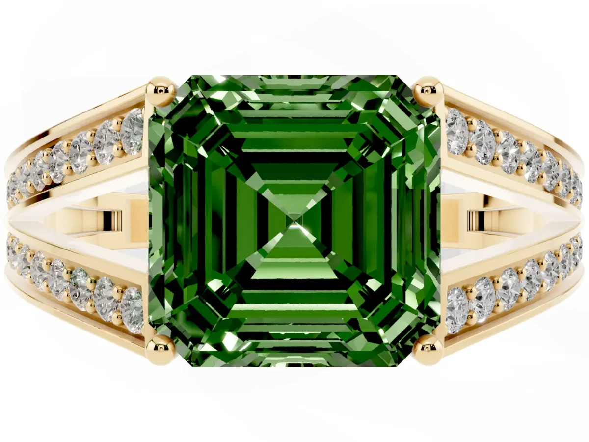 Fancy Green Asscher Cut Diamond Split Shank Ring with Pavé Band and Four-Prong Setting Yellow gold
