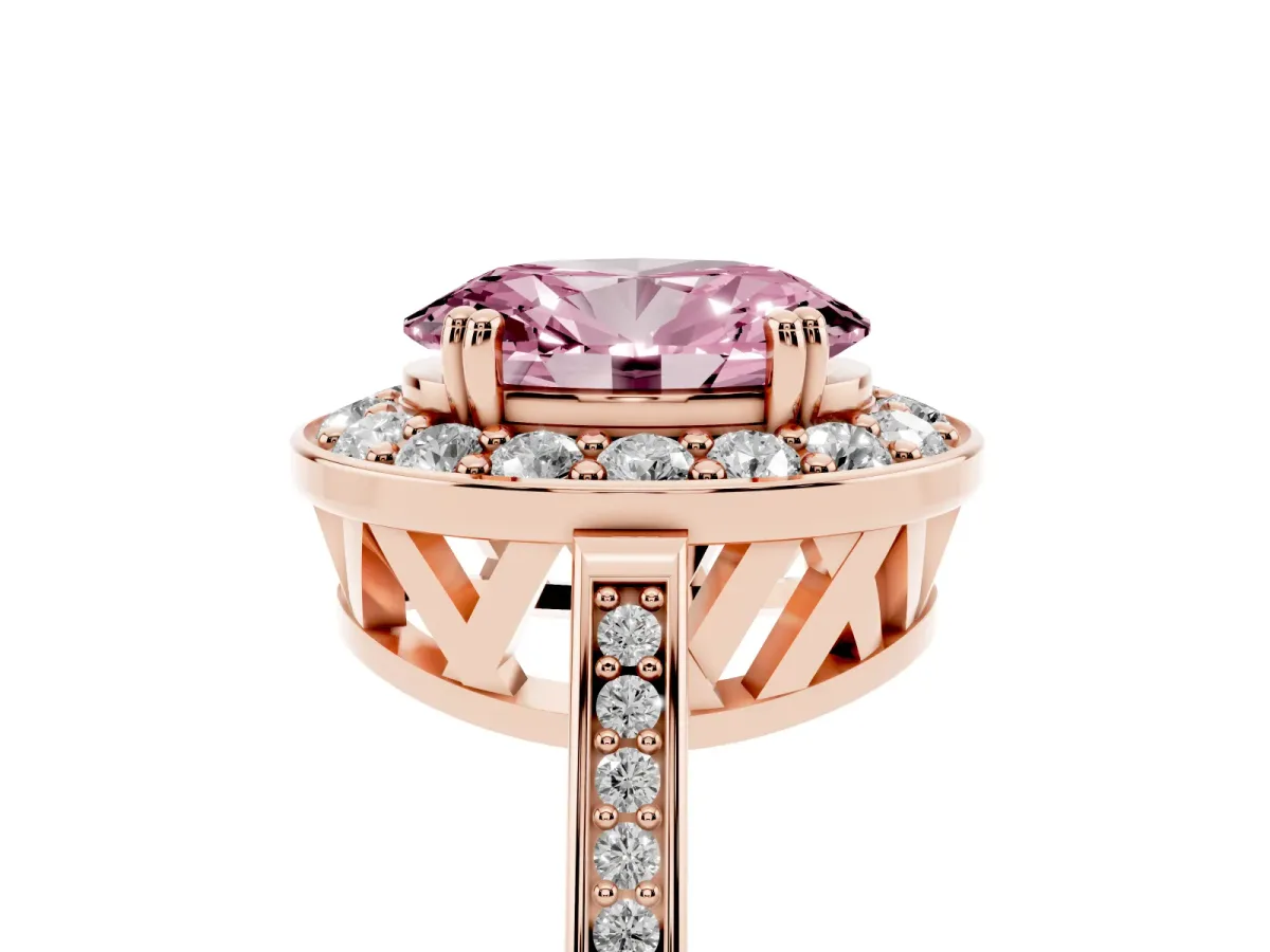 Fancy Pink Oval Cut Diamond Halo Ring with Split Shank and Four-Prong Setting Rose gold