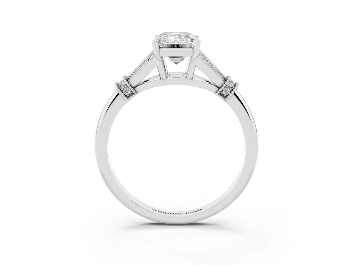 Emerald Cut Diamond Solitaire Ring with Floral Filigree and Pave Accents Silver
