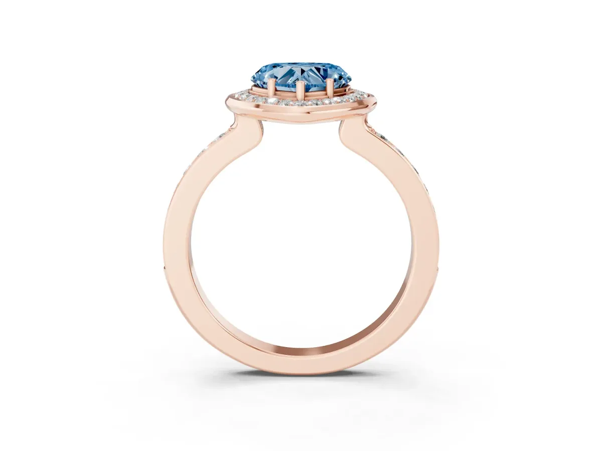 Fancy Blue Heart Cut Diamond Halo Ring with Bezel Frame and Pavé Band Rose gold