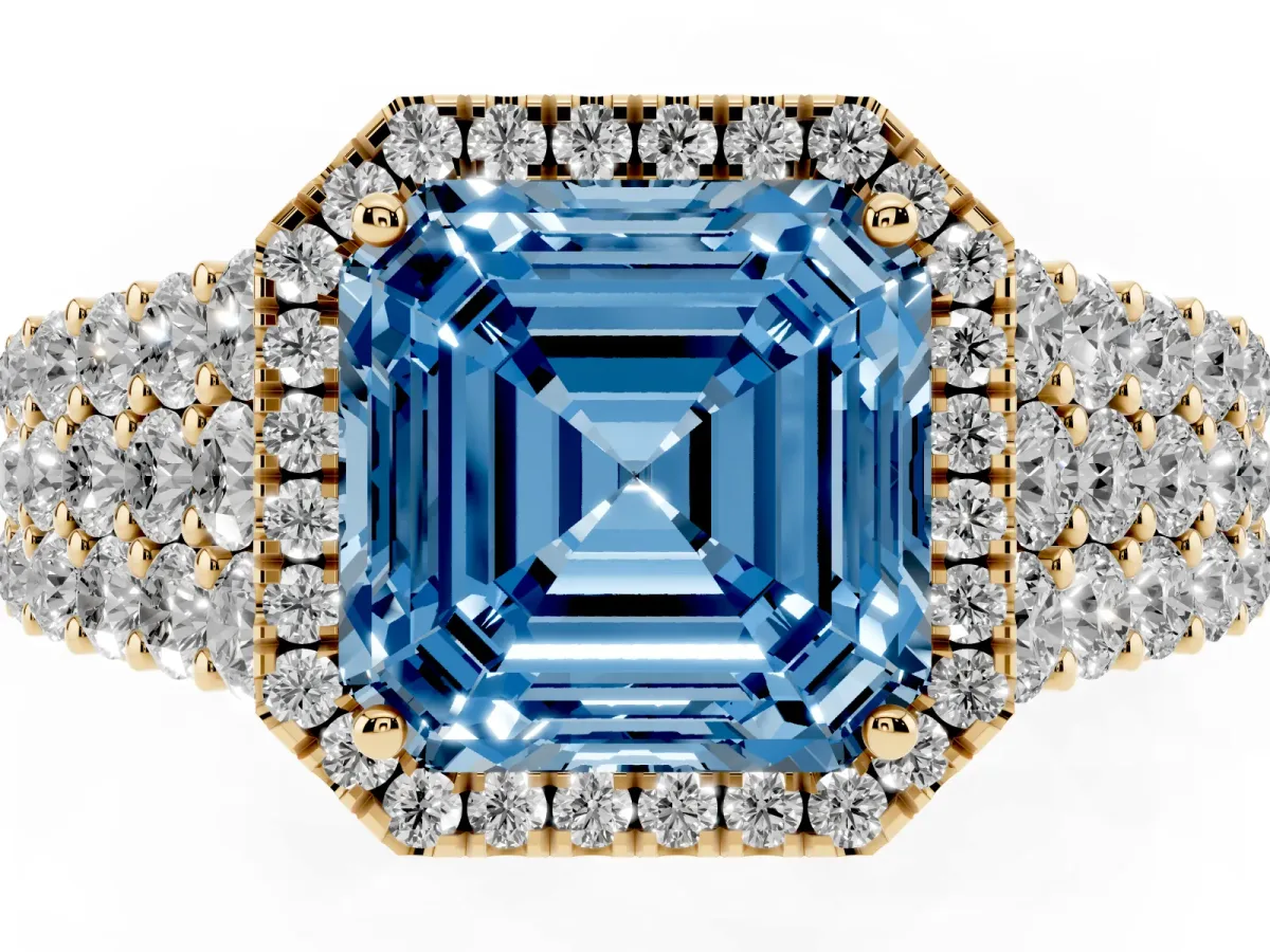 Fancy Blue Asscher Cut Diamond Halo Engagement Ring with Triple Row Round Pavé Band and Prong Setting Yellow gold