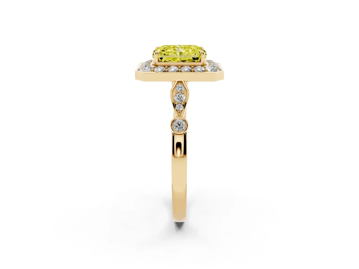 Fancy Yellow Radiant Cut Halo Diamond Engagement Ring with Twisted Band and Four-Prong Setting Yellow gold