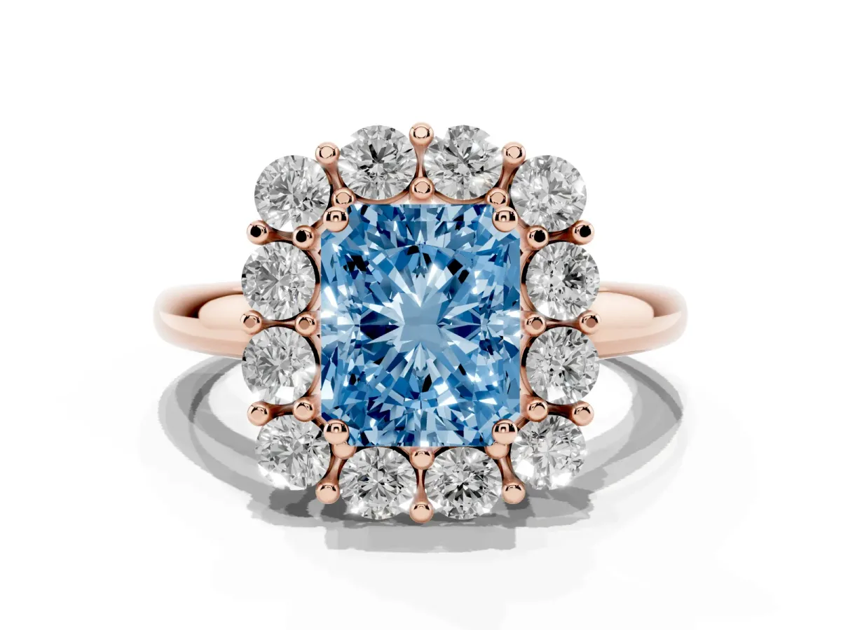 Fancy Blue Radiant Cut Halo Cluster Diamond Engagement Ring with Prong Setting and Polished Band Rose gold