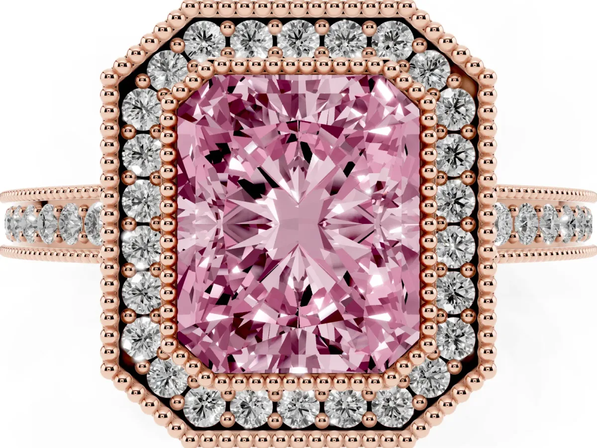 Fancy Pink Radiant Cut Cut Halo Diamond Ring with Pavé Band and Milgrain Prong Setting Rose gold
