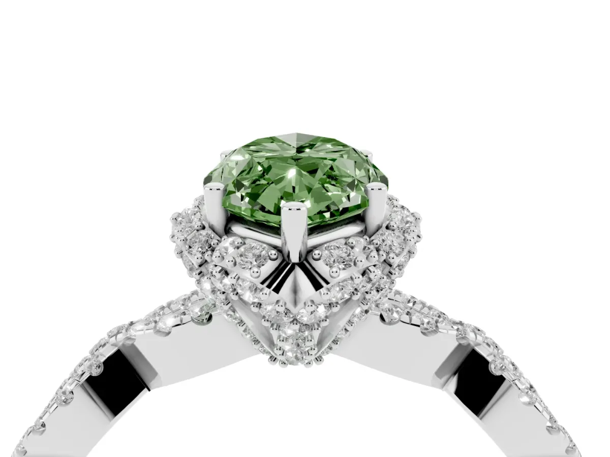 Fancy Green Marquise Cut Halo Twist Band Solitaire Ring with Six-Prong Setting Platinum