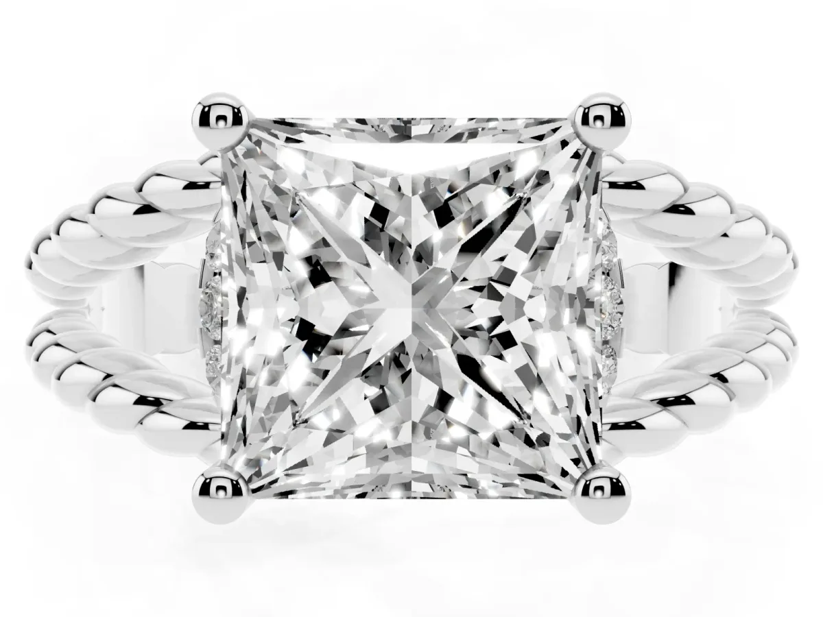 Princess Cut Halo Twisted Band Four-Prong Ring Silver