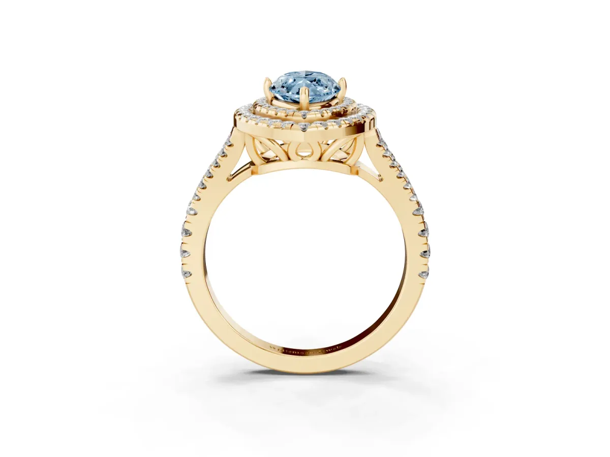 Fancy Blue Marquise Cut Diamond Double Halo Ring with Pavé Band and Prong Setting Yellow gold