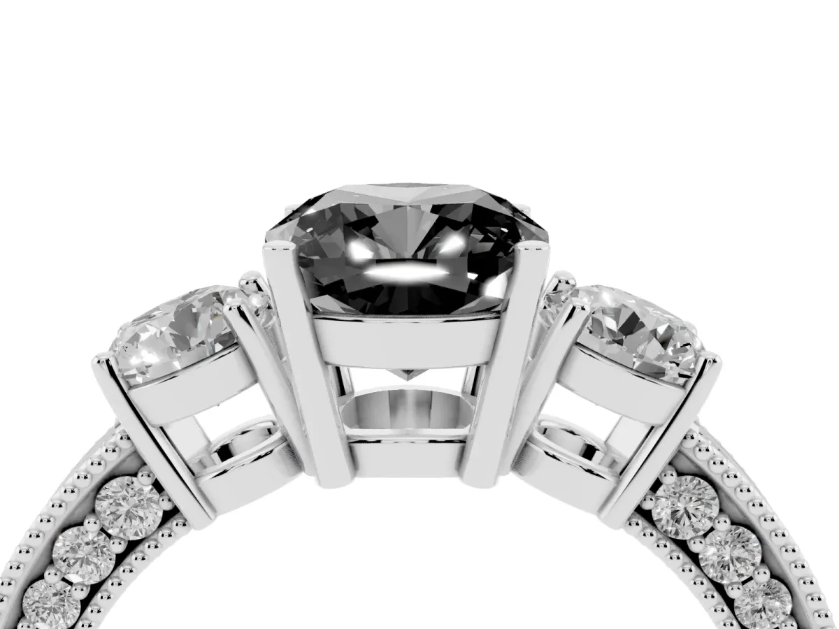Fancy Black Cushion Cut Three-Stone Diamond Ring with Pavé Band and Four-Prong Setting Silver