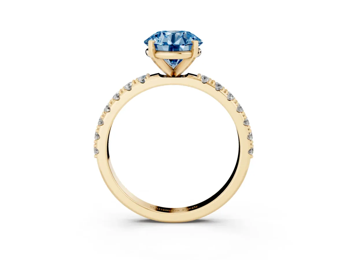 Fancy Blue Round Cut Diamond Solitaire Pavé Band with Four-Prong Setting Yellow gold