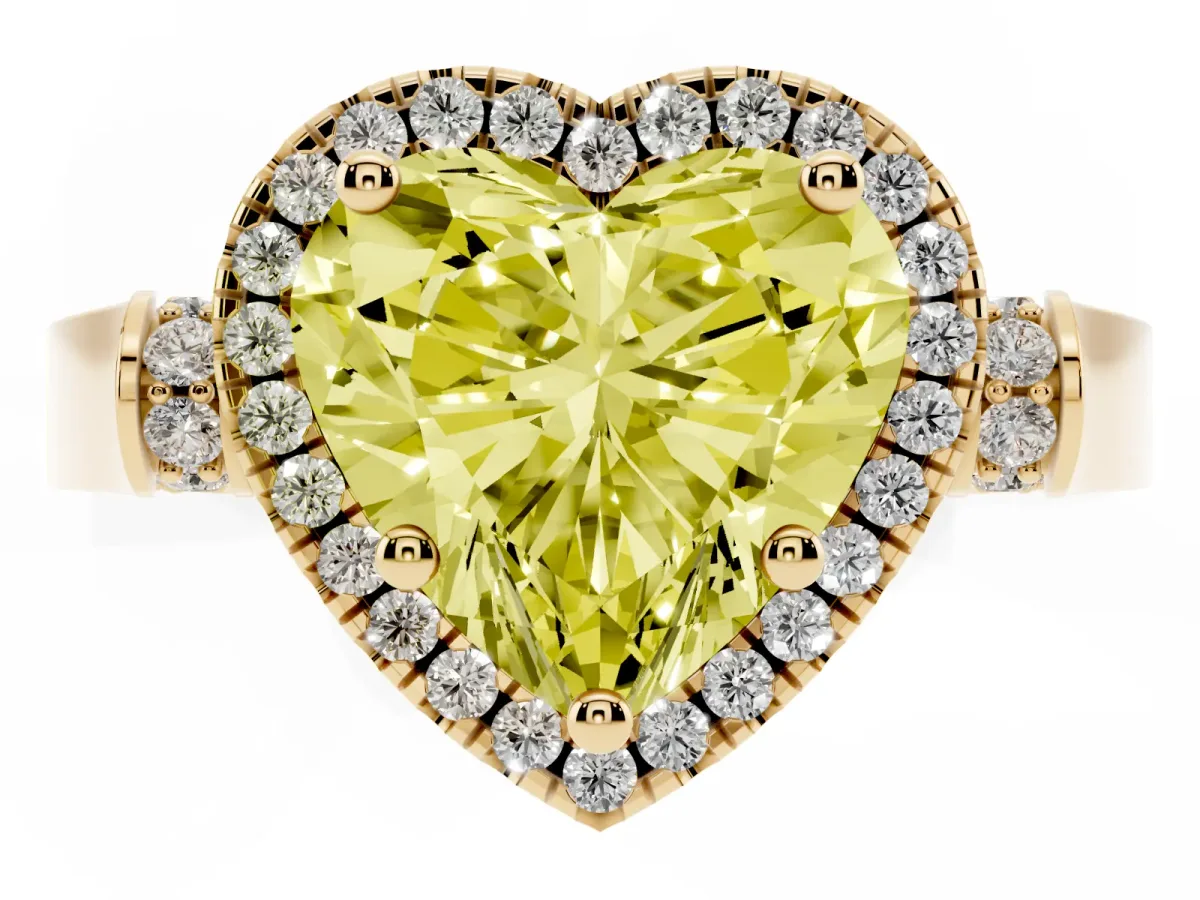Fancy Yellow Heart Cut Halo Round Diamond Twist Band with Four-Prong Setting Yellow gold