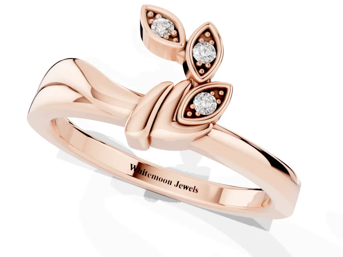 Three-Stone Round Diamond Leaf Bypass Ring with Bezel Setting Rose gold