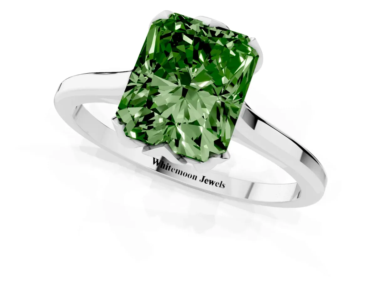 Fancy Green Radiant Cut Diamond Solitaire Ring with Flower Prong Setting and Classic Band Silver