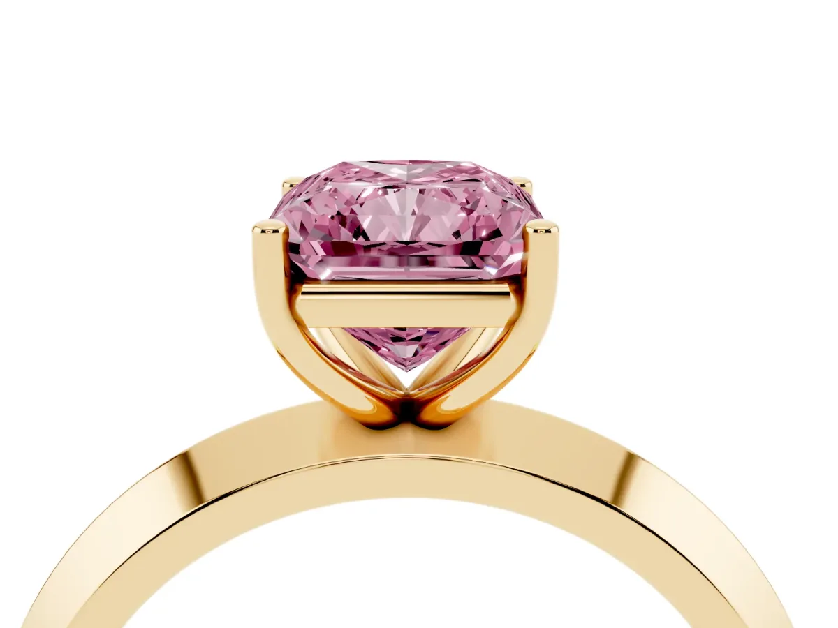 Fancy Pink Radiant Cut Cut Solitaire Engagement Ring with Flat Band and Four-Prong Setting Yellow gold