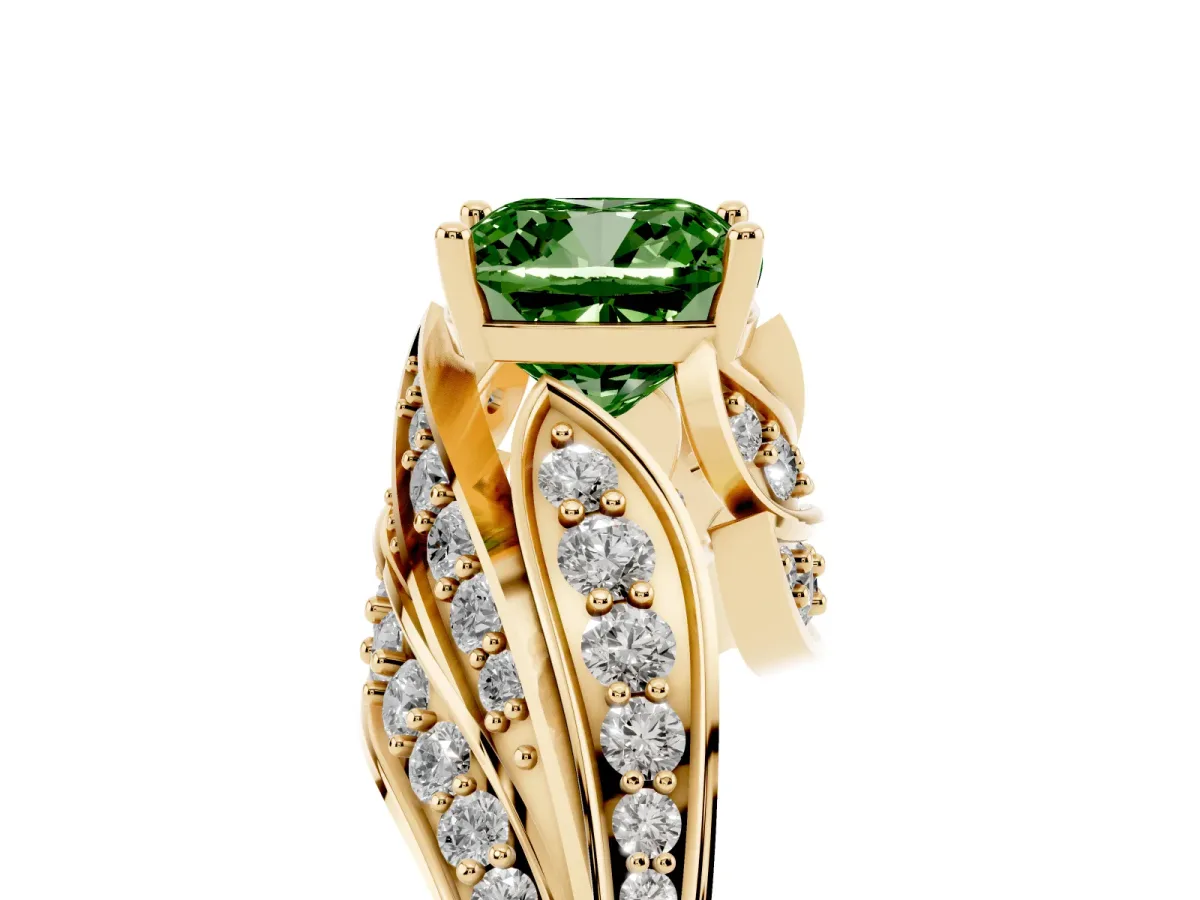 Fancy Green Cushion Cut Diamond Solitaire Ring with Prong Setting and Twisted Pavé Band Yellow gold
