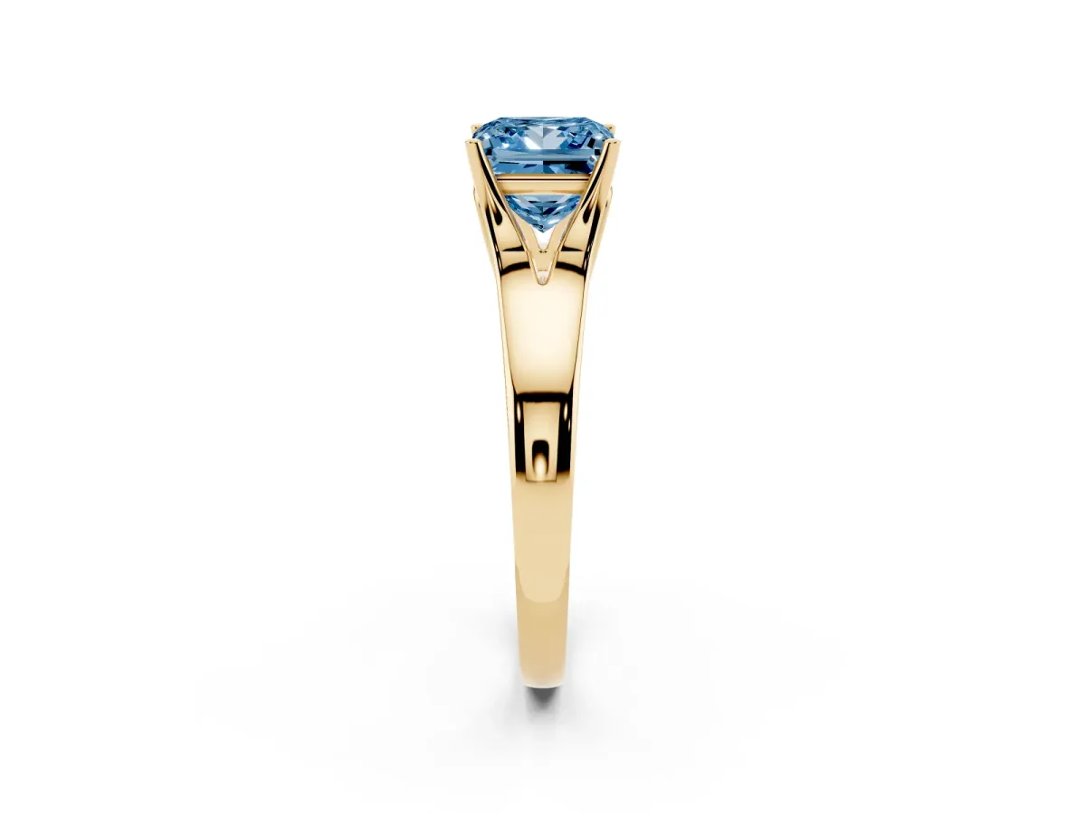 Fancy Blue Princess Cut Solitaire Diamond Ring with Cathedral Band and Four-Prong Setting Yellow gold