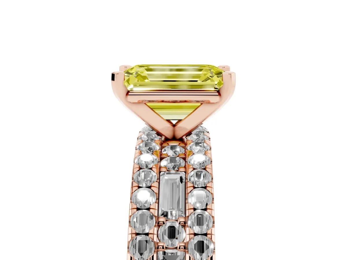 Fancy Yellow Emerald Cut Diamond Solitaire Ring with Pavé and Channel Set Band Rose gold
