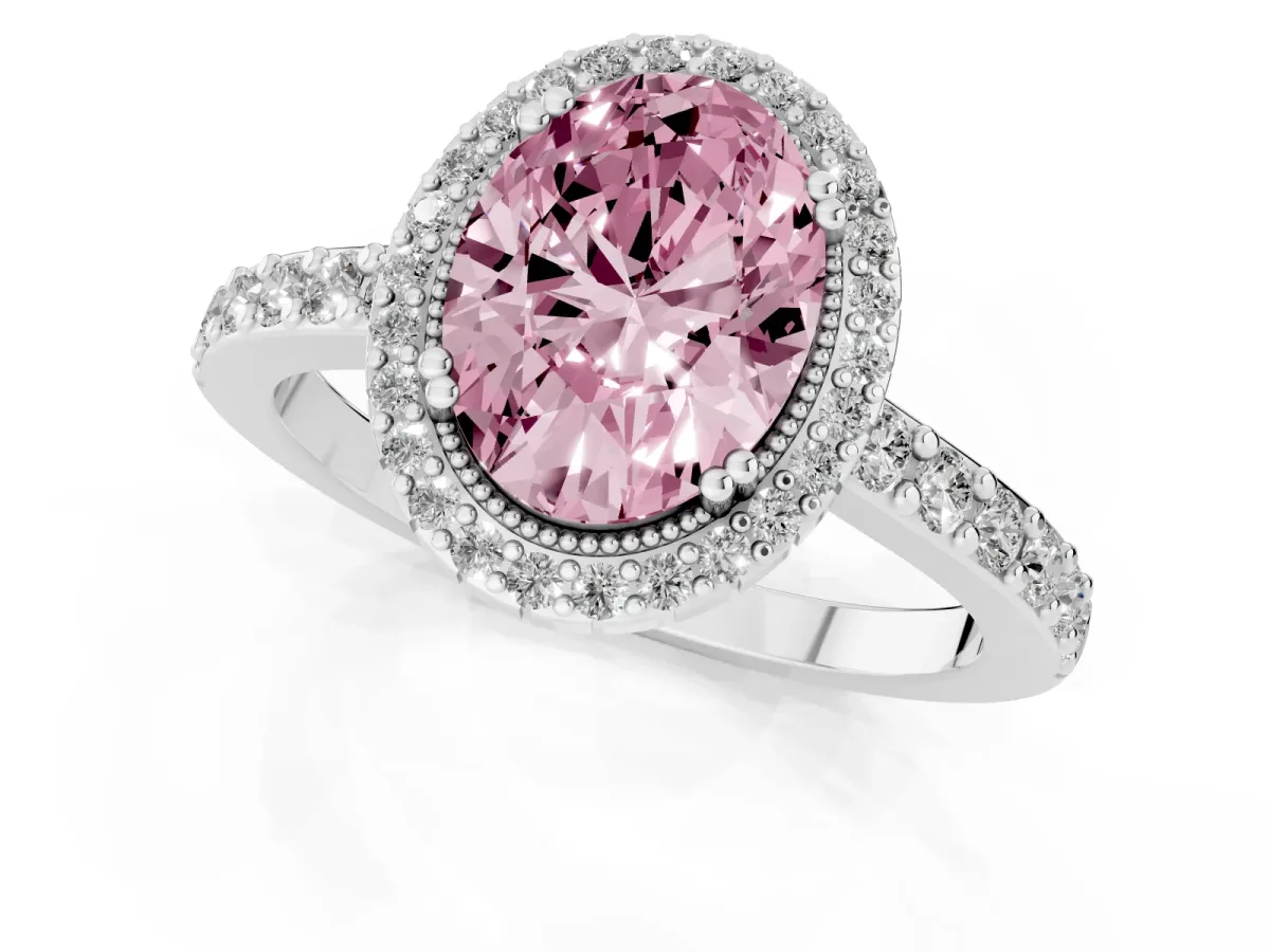 Fancy Pink Oval Cut Cut Diamond Halo Engagement Ring with Milgrain Detail and Pavé Band Silver
