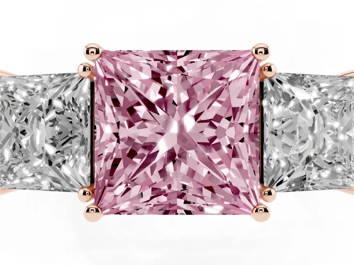 Fancy Pink Three-Stone Princess Cut Cut Diamond Engagement Ring with Flat Band and Four-Prong Setting Rose gold
