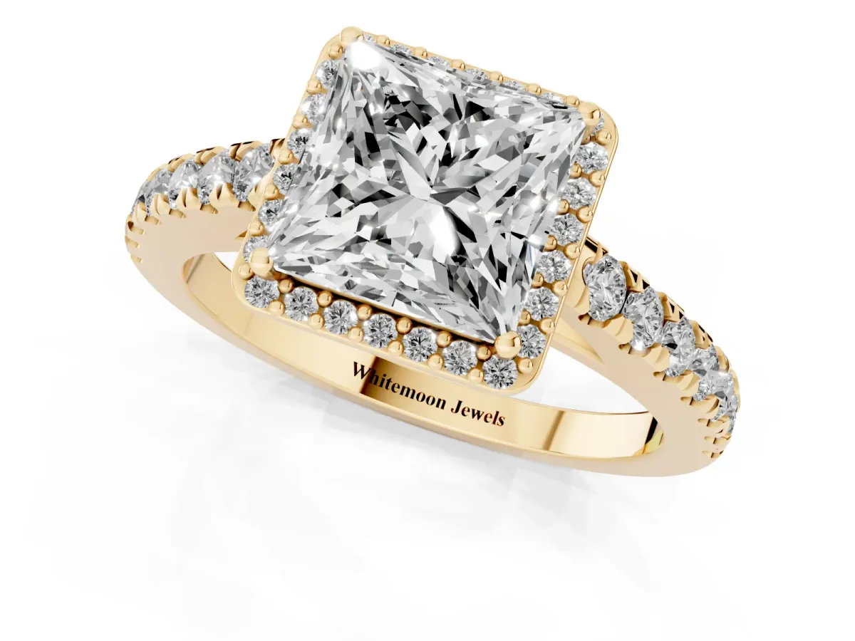 Princess Cut Cut Halo Diamond Engagement Ring with Pave Band and Four-Prong Setting Yellow gold
