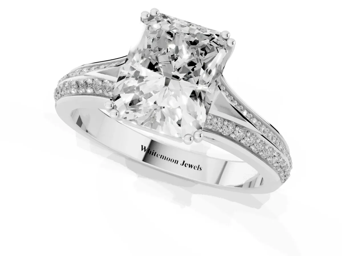 Radiant Cut Diamond Split Shank Engagement Ring with Pavé Band White gold