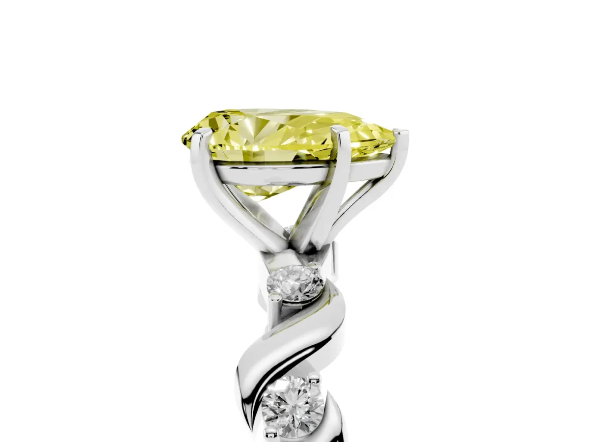 Fancy Yellow Pear Cut Diamond Solitaire Twisted Band with Round Accents and Prong Setting Silver