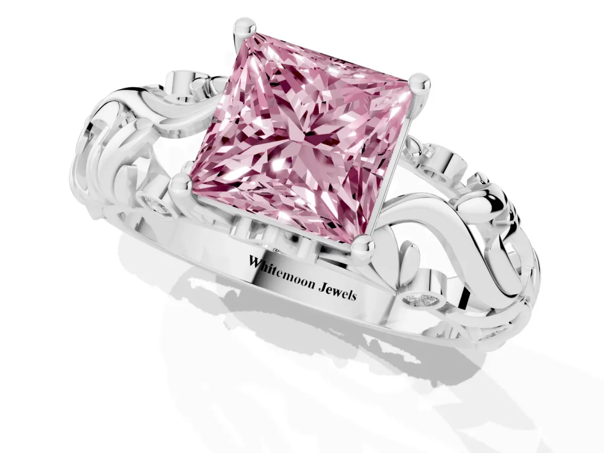 Fancy Pink Princess Cut Solitaire Diamond Leaf-Inspired Vine Band Ring with Prong Setting White gold