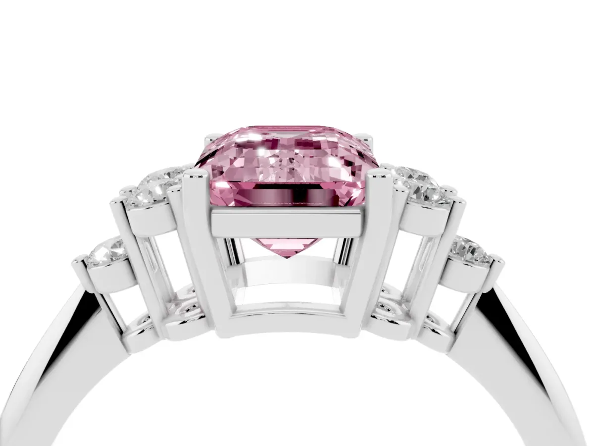 Fancy Pink Emerald Cut Cut Diamond Cluster Ring with Solitaire Band and Four-Prong Setting Silver