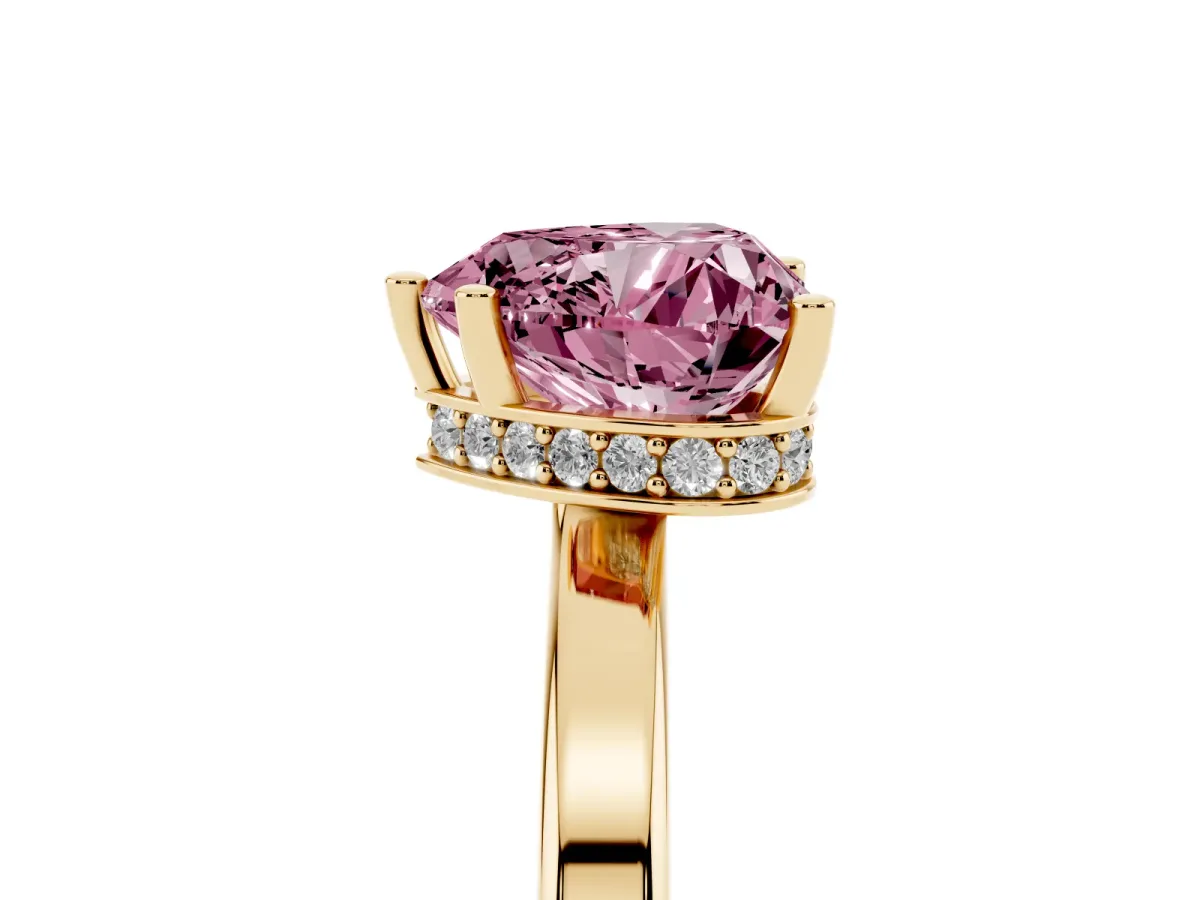Fancy Pink Heart Cut Cut Solitaire Engagement Ring with Four-Prong Setting on a Classic Band Yellow gold