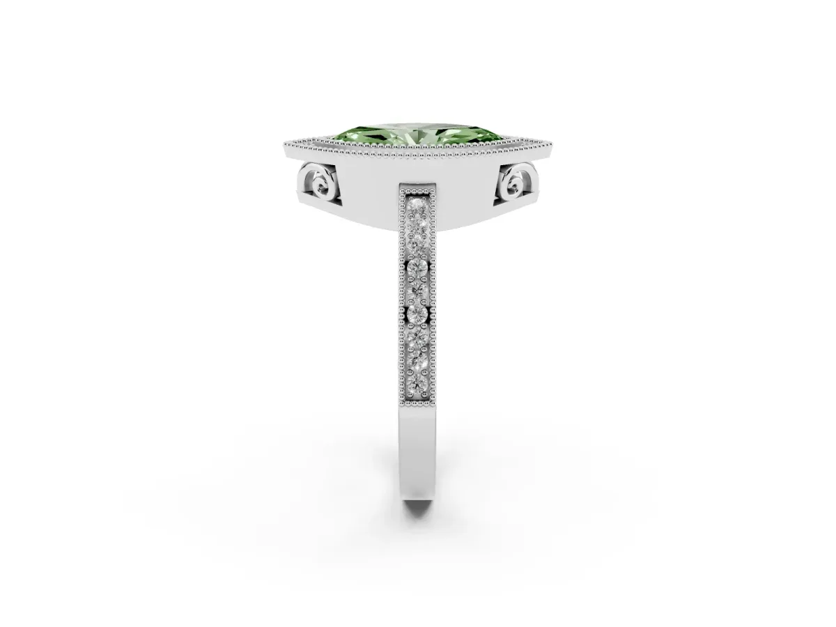 Fancy Green Marquise Cut Cut Halo Diamond Ring with Pavé Band and Milgrain Prong Setting White gold