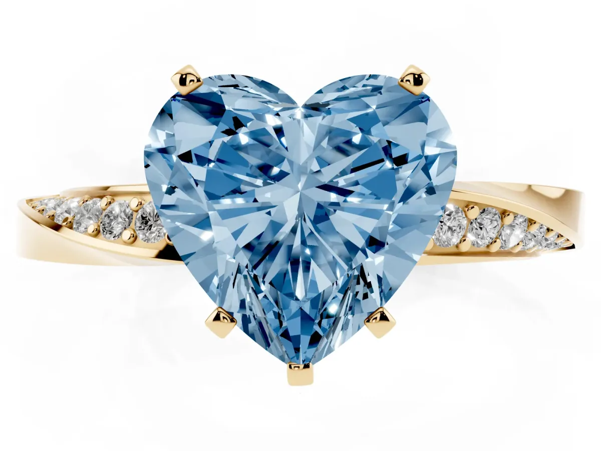 Fancy Blue Heart Cut Diamond Engagement Ring with Side Stone Accents and Four-Prong Setting Yellow gold