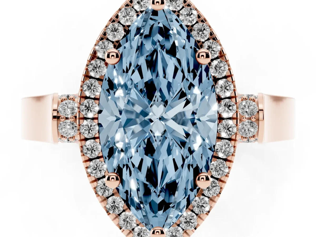 Fancy Blue Marquise Cut Halo Round Diamond Twist Band with Four-Prong Setting Rose gold