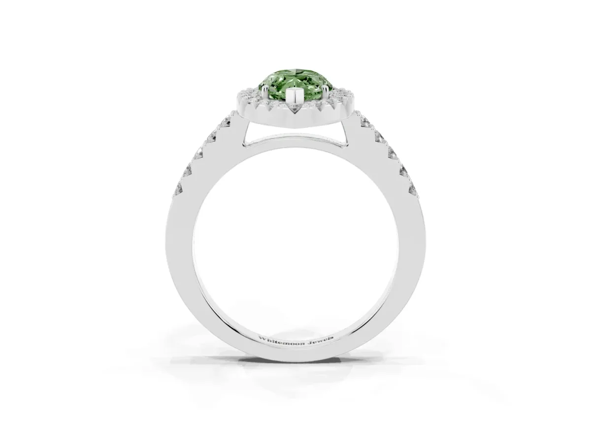 Fancy Green Marquise Cut Halo Diamond Pavé Solitaire Ring Silver
