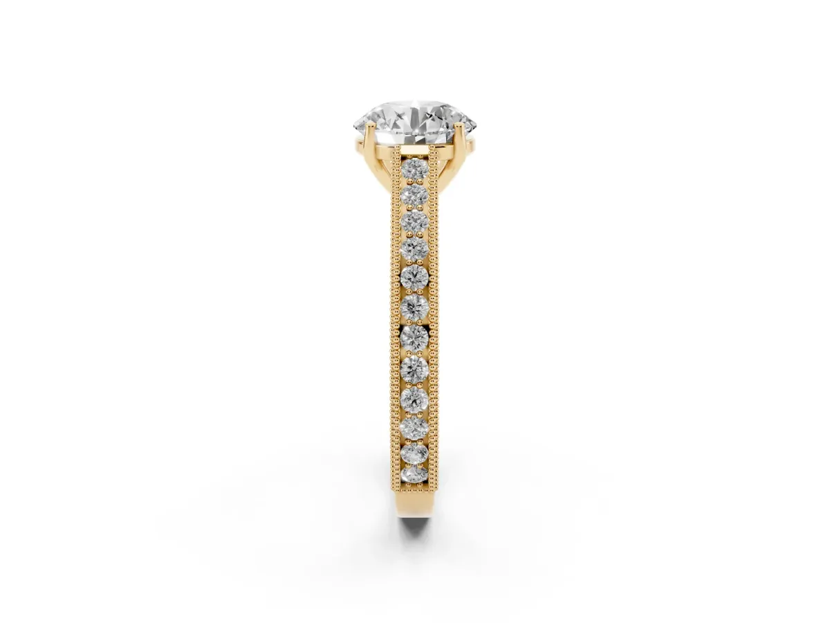 Round Cut Cut Pave Band Milgrain Solitaire Ring Yellow gold