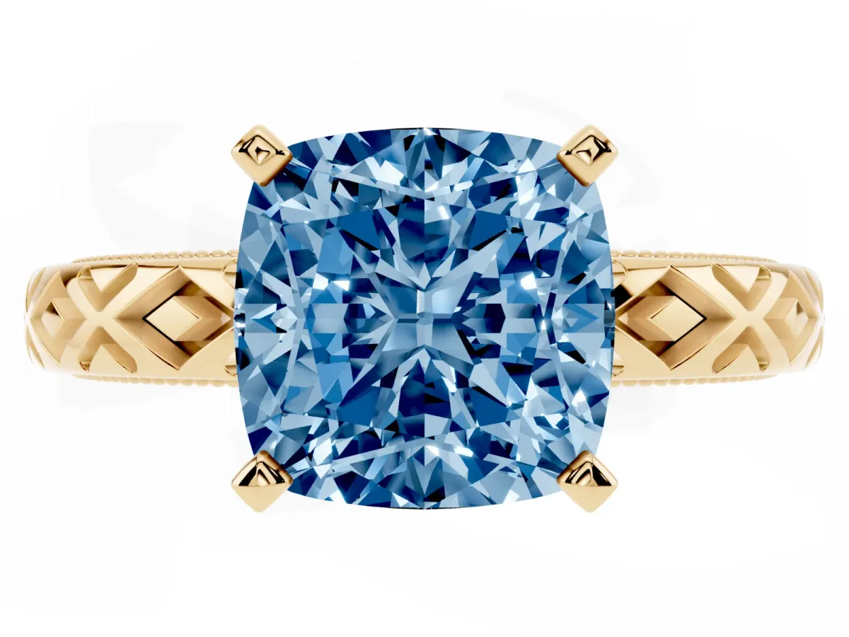 Fancy Blue Cushion Cut Solitaire Diamond Ring with Milgrain and Black Enamel X Pattern Band Yellow gold