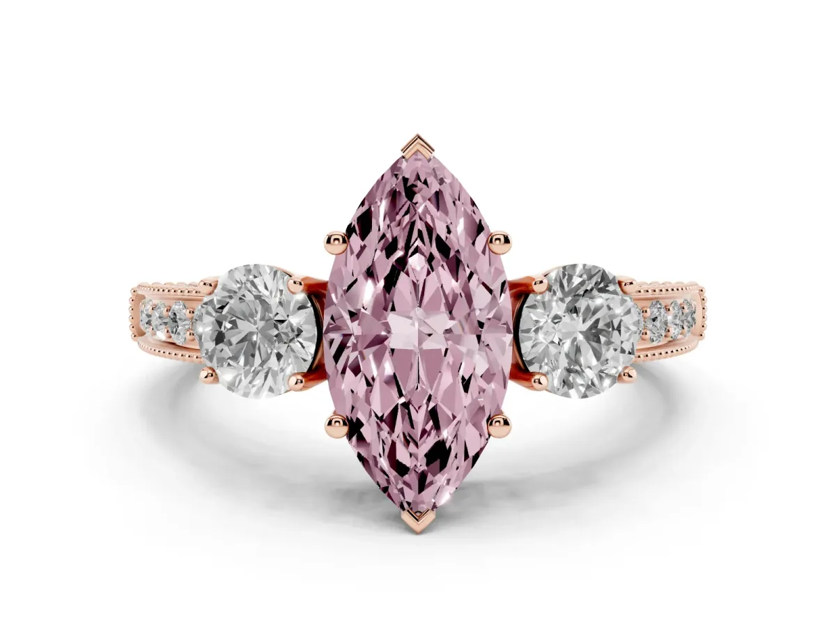 Fancy Pink Marquise Cut Three-Stone Diamond Ring with Pavé Band and Four-Prong Setting Rose gold