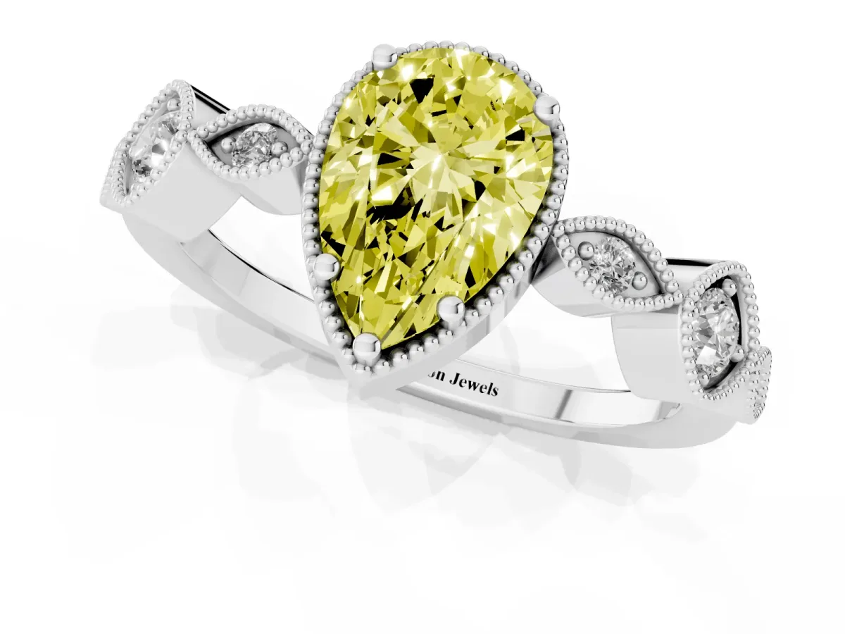 Fancy Yellow Pear Cut Diamond Vintage Milgrain Ring with Round Stations Silver