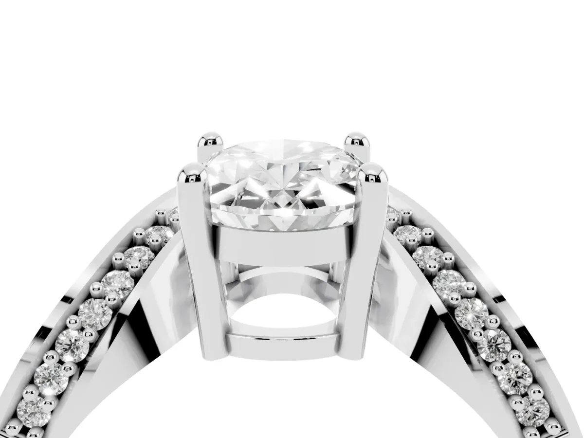 Oval Cut Solitaire Diamond Engagement Ring with Pave Band and Four-Prong Setting Silver