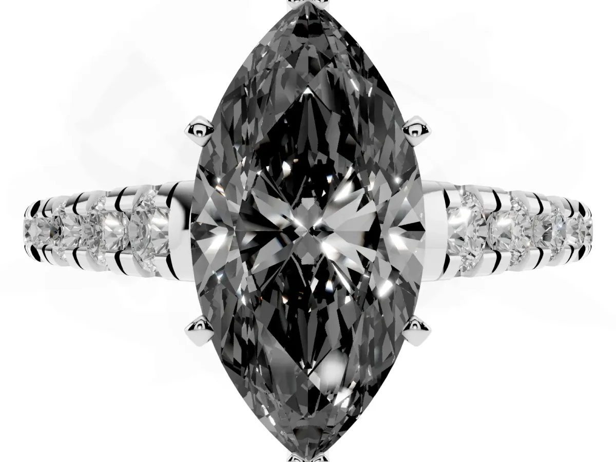Fancy Black Marquise Cut Diamond Cathedral Solitaire Ring with Round Pavé Band Silver