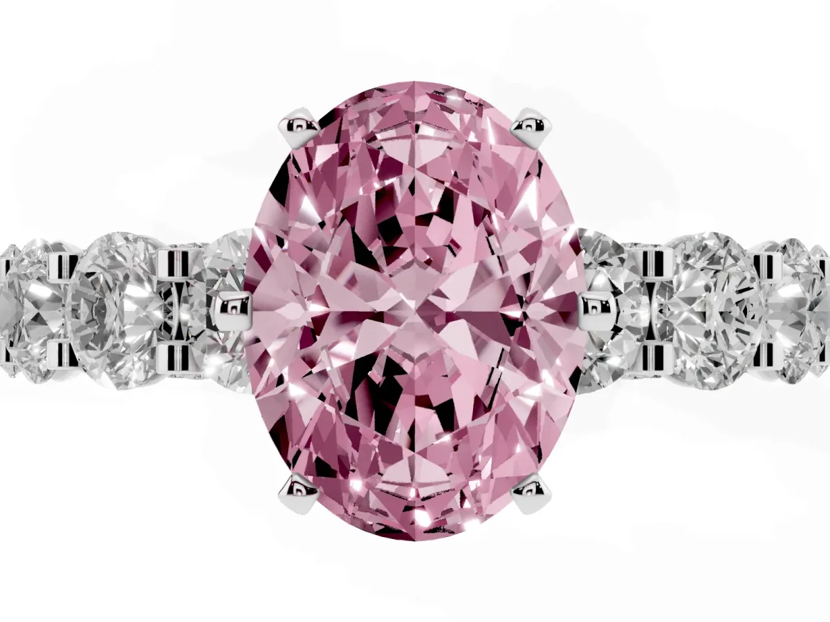 Fancy Pink Oval Cut Diamond Side Stone Engagement Ring with Four-Prong Setting Silver