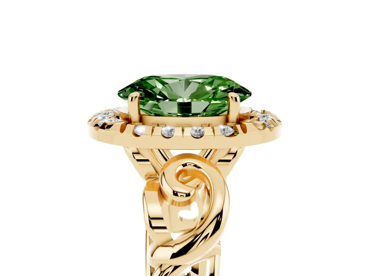 Fancy Green Oval Cut Cut Halo Diamond Ring with Scrollwork Band and Four-Prong Setting Yellow gold