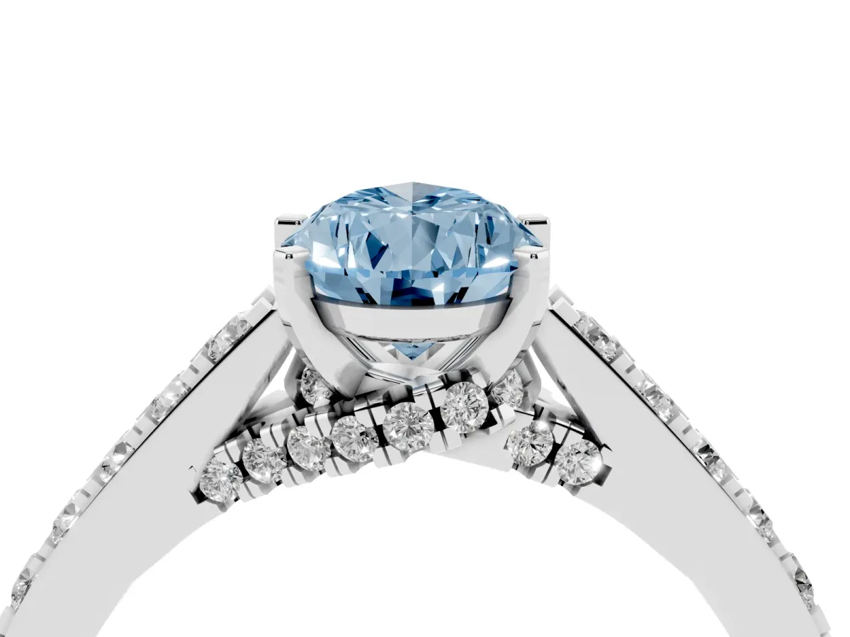 Fancy Blue Pear Cut Diamond Solitaire Ring with Crossover Gallery and Round Pavé Band Platinum