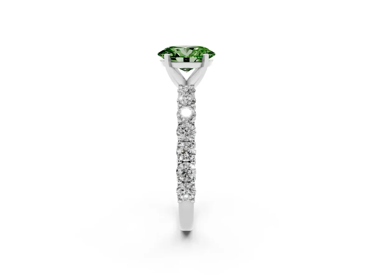 Fancy Green Oval Cut Diamond Solitaire Ring with Shared Prong Pavé Band and Four-Prong Setting Silver