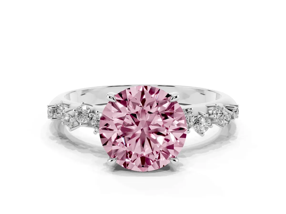 Fancy Pink Round Cut Diamond Cluster Side Stone Solitaire Ring with Prong Setting Silver