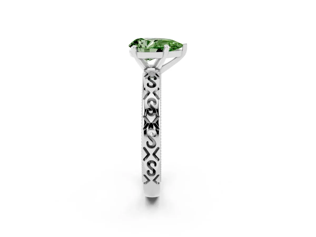 Fancy Green Pear Cut Solitaire Engagement Ring with Scrollwork Band and Four-Prong Setting White gold